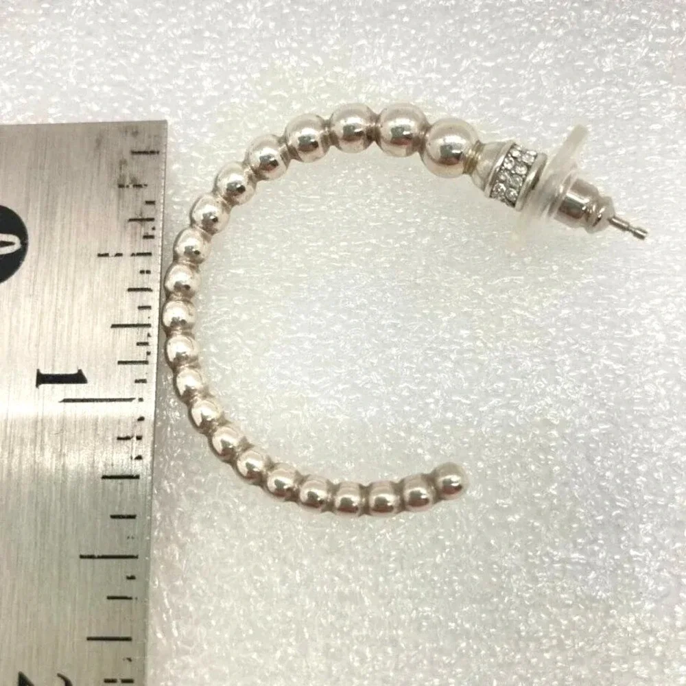 Silver Tone Beaded Open Hoop‎ Earrings Rhinestone Accent Womens Fashion Jewelry